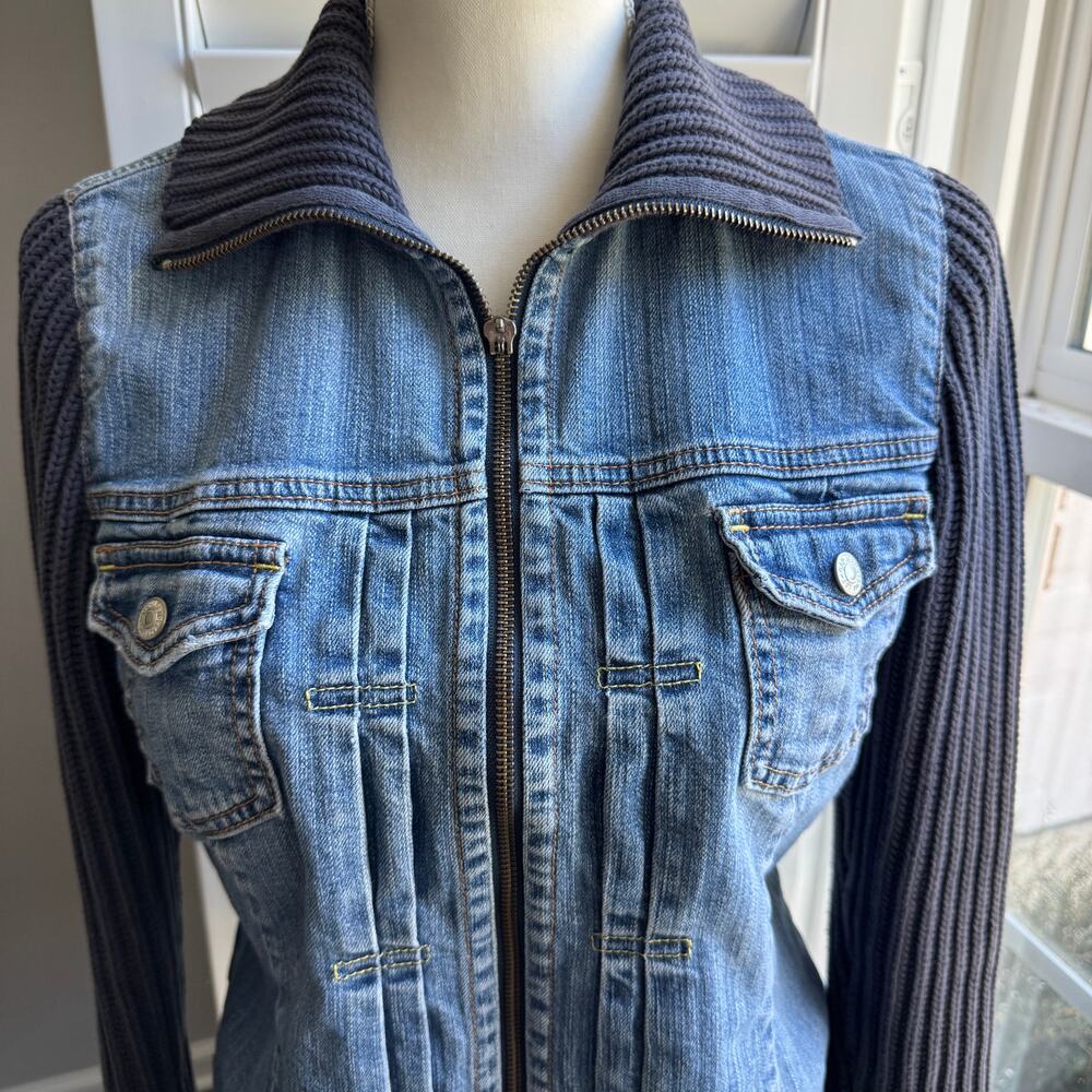 Vintage GAP Jean Jacket Womens M Blue Knit Sweater Sleeves Y2K Bohemian Grunge - Picture 6 of 12